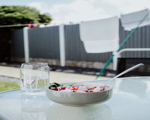 Glass of water and a light homemade lunch after a calm morning walk